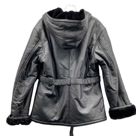 Black Leather Faux Fur Lined Jacket Womens Large Black Belted Hooded Winter Chic - Picture 2 of 8